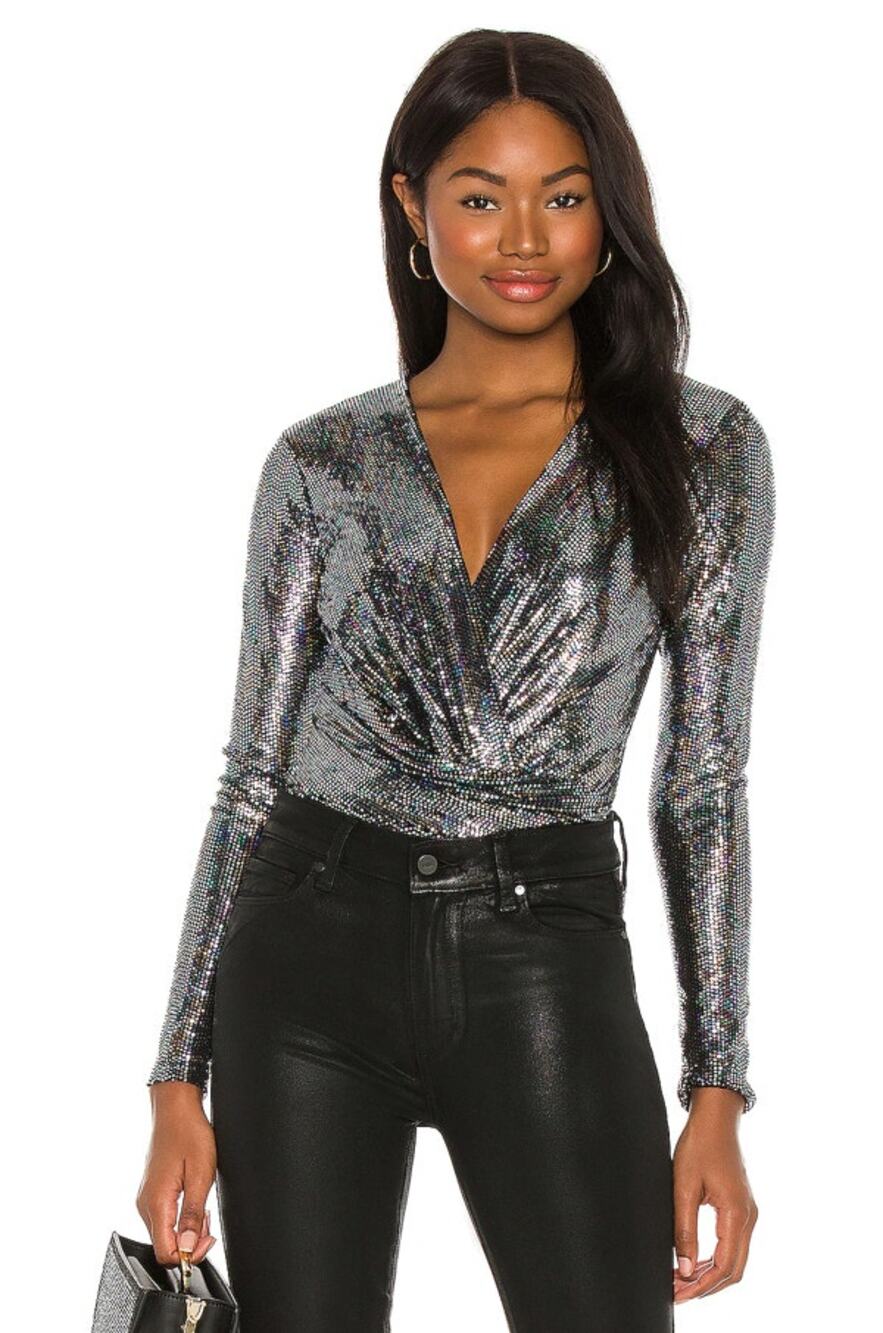 ASTR Metallic Sparkle Bodysuit L86721 Tinsley WMNS S Black Sequin Long Sleeve